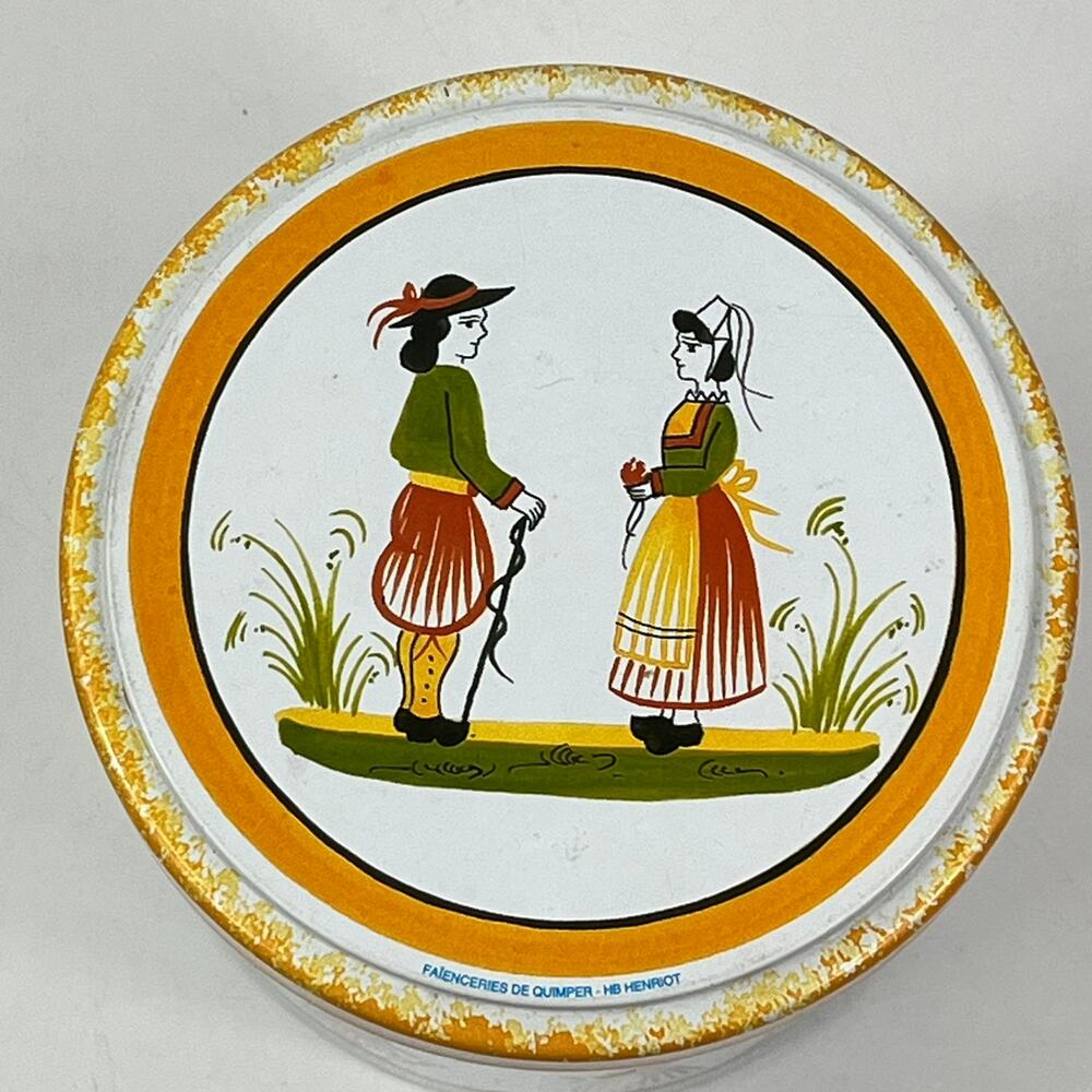 HB Henriot Quimper Yellow Breton Biscuit Tin Massilly France Folk Art 4.5" Round - Picture 4 of 11